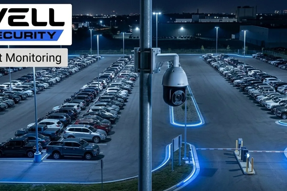 Security cameras monitoring a car dealership lot at night with rows of new vehicles