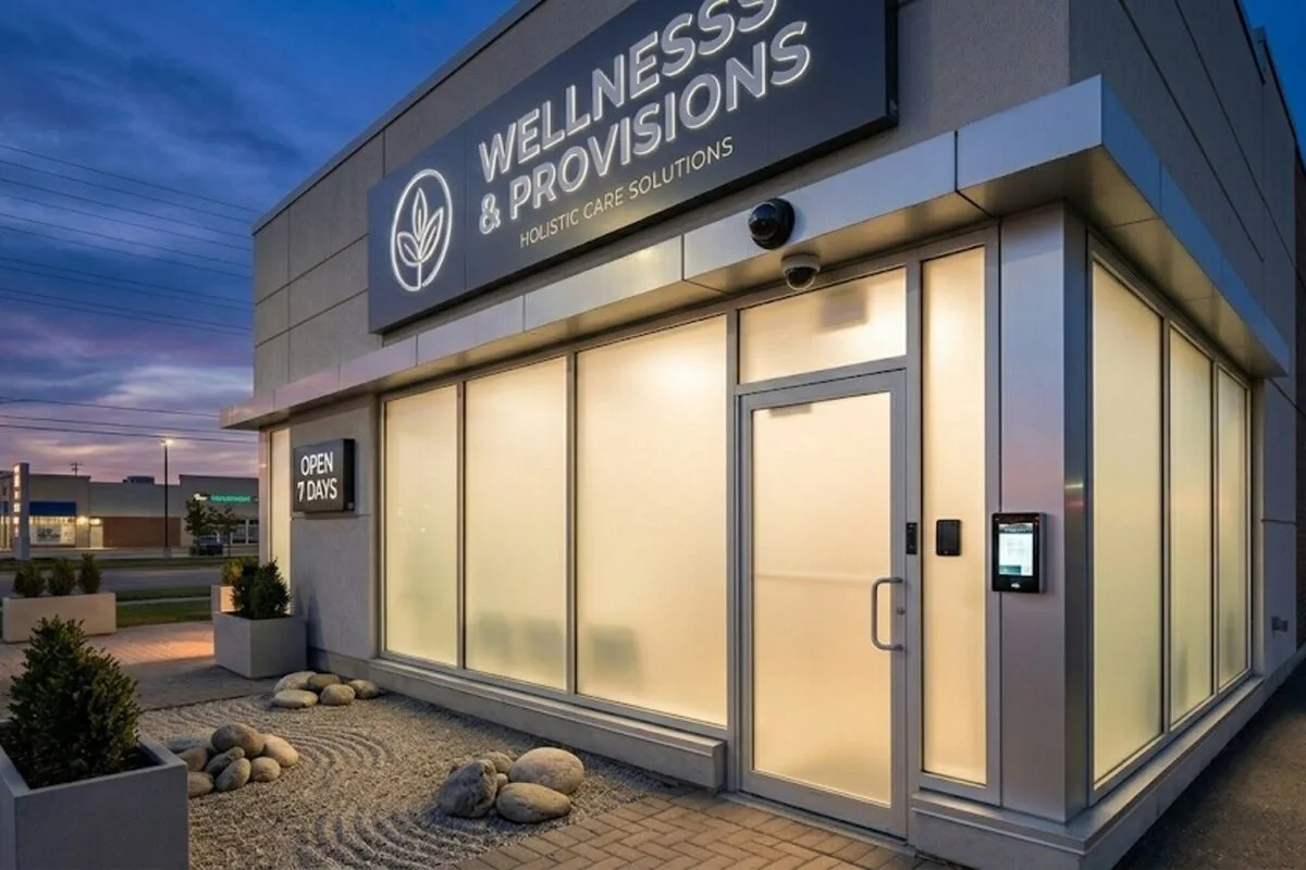 Security cameras and access control system installed at a cannabis retail dispensary entrance in Ontario