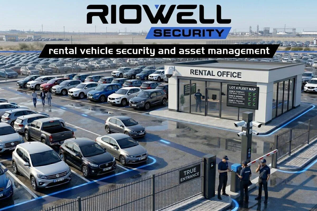 Security cameras monitoring a car rental lot with rows of rental vehicles