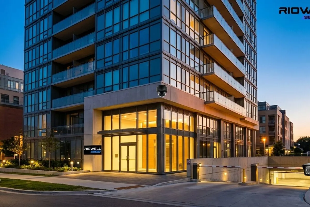 Security cameras monitoring the lobby and entrance of a high-rise condominium building