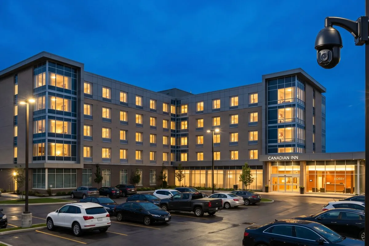 Security cameras monitoring the entrance and parking lot of a hotel in Ontario