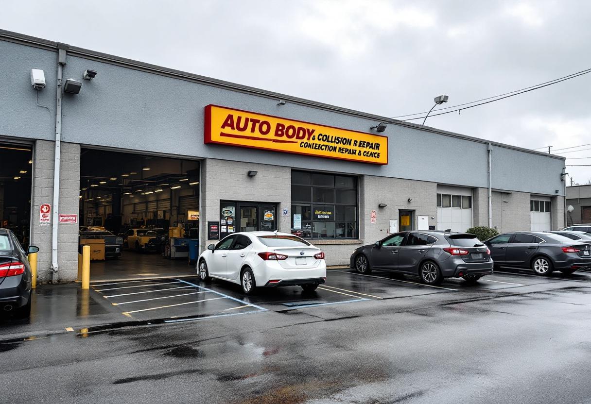 Security cameras monitoring the vehicle lot and entrance of an auto body shop in Ontario