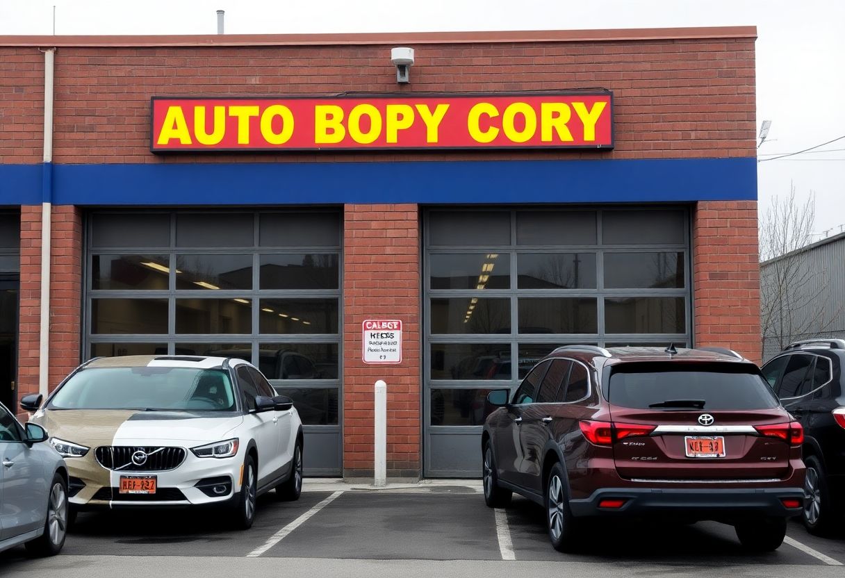 Security cameras monitoring the vehicle lot and entrance of an auto body shop in Ontario