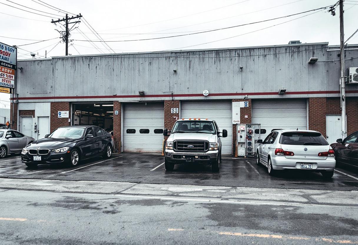 Security cameras monitoring the vehicle lot and entrance of an auto body shop in Ontario