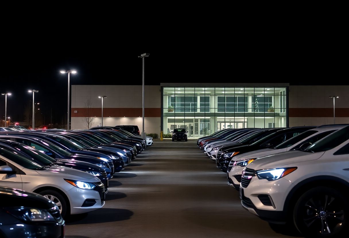 Security cameras monitoring a car dealership lot at night with rows of new vehicles