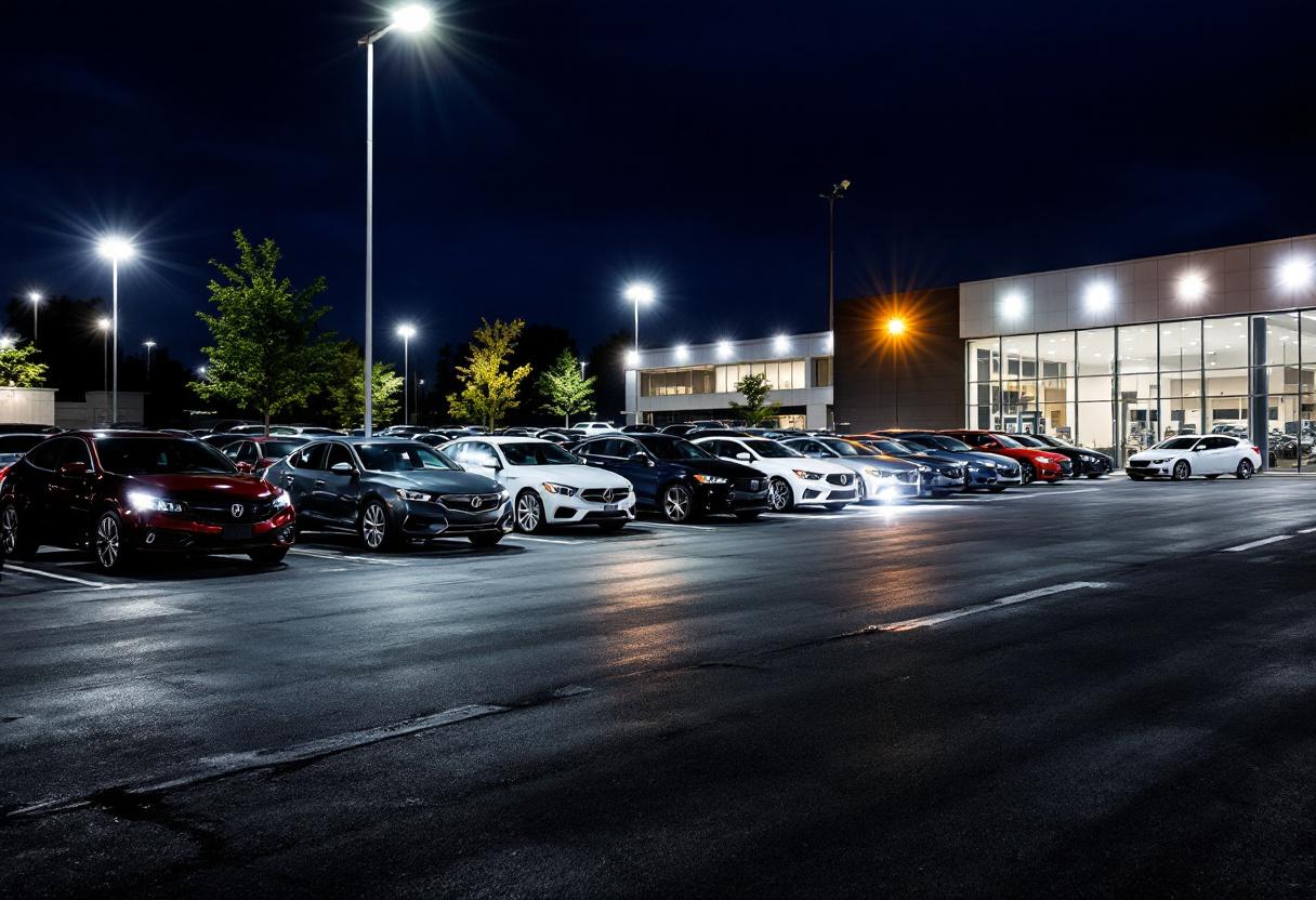 Security cameras monitoring a car dealership lot at night with rows of new vehicles