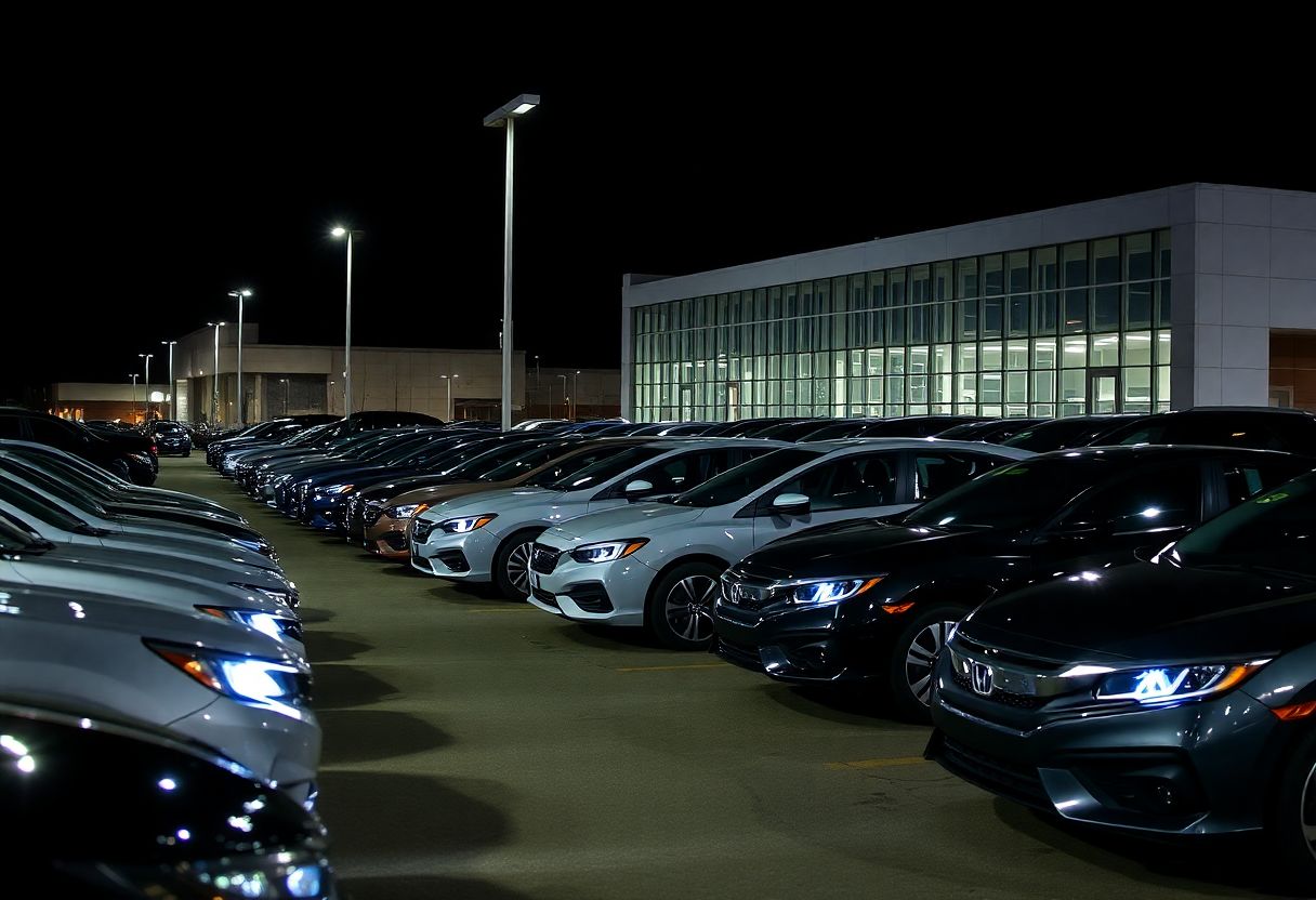 Security cameras monitoring a car dealership lot at night with rows of new vehicles