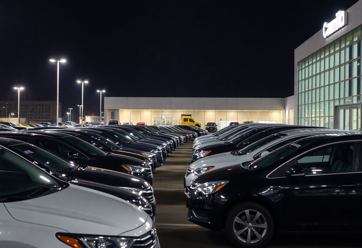 Security cameras monitoring a car dealership lot at night with rows of new vehicles