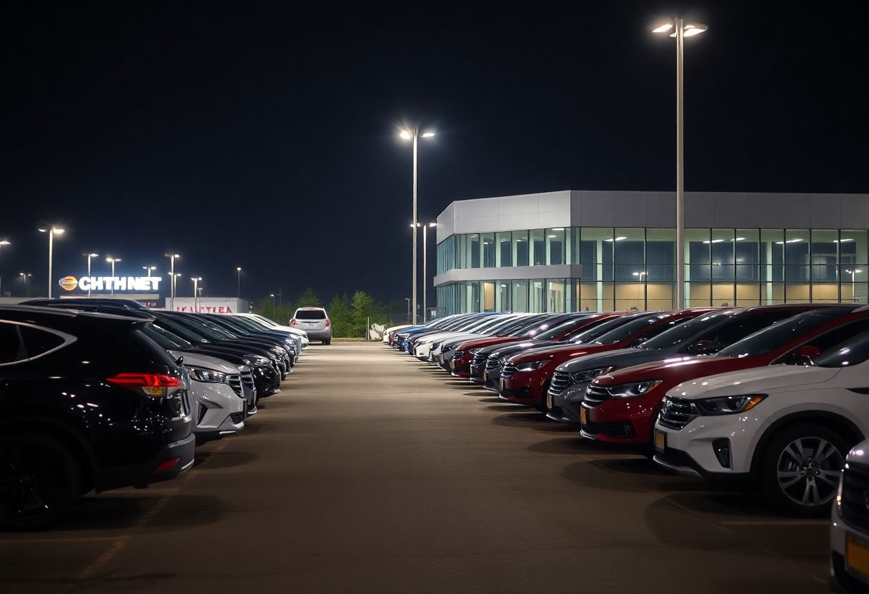 Security cameras monitoring a car dealership lot at night with rows of new vehicles