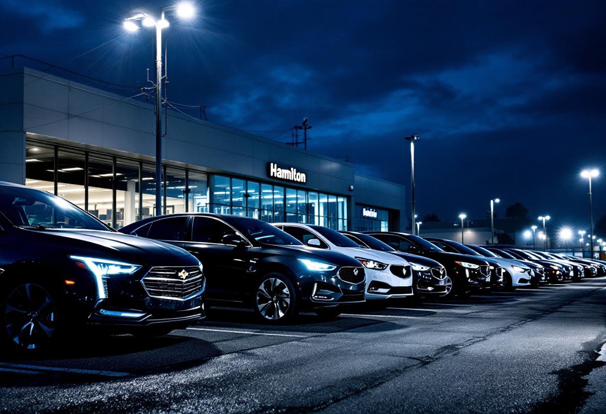 Security cameras monitoring a car dealership lot at night with rows of new vehicles