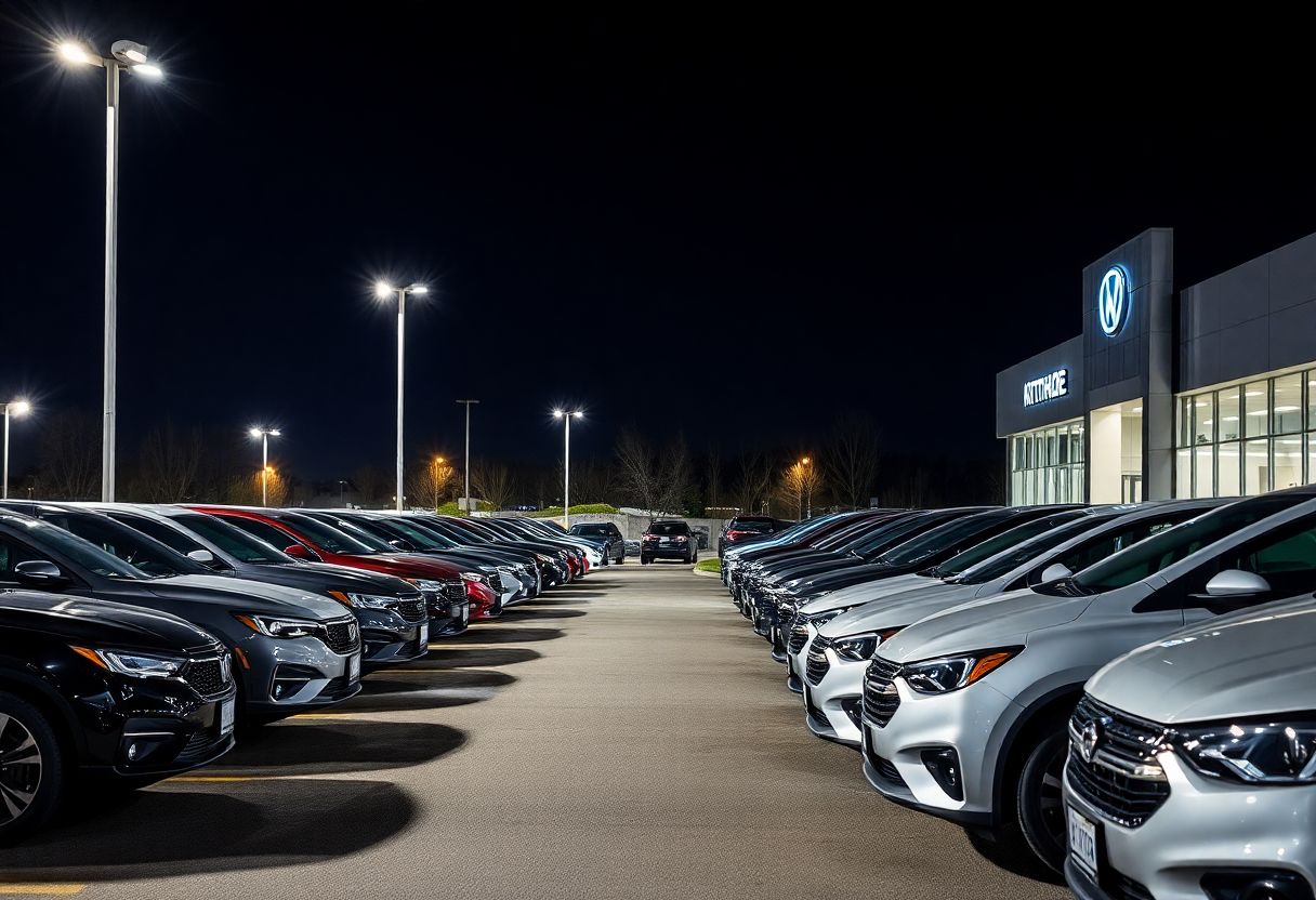 Security cameras monitoring a car dealership lot at night with rows of new vehicles