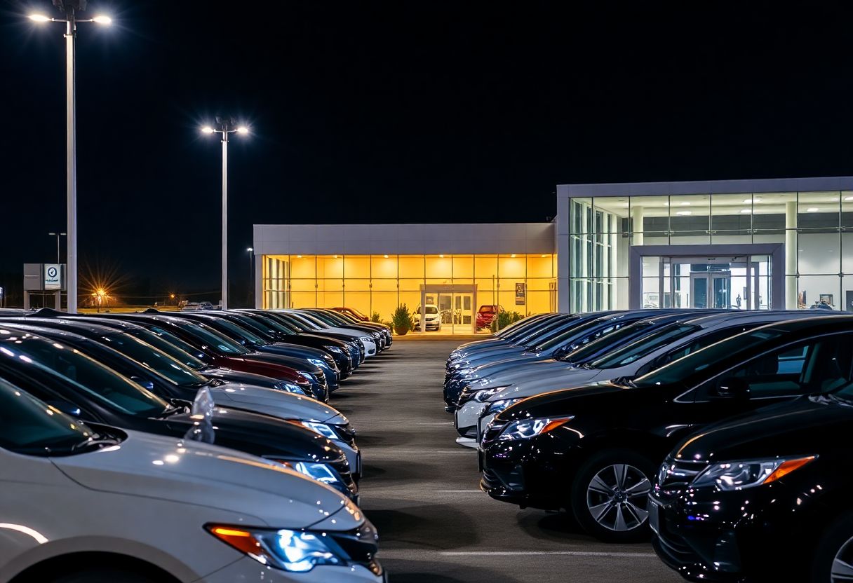 Security cameras monitoring a car dealership lot at night with rows of new vehicles