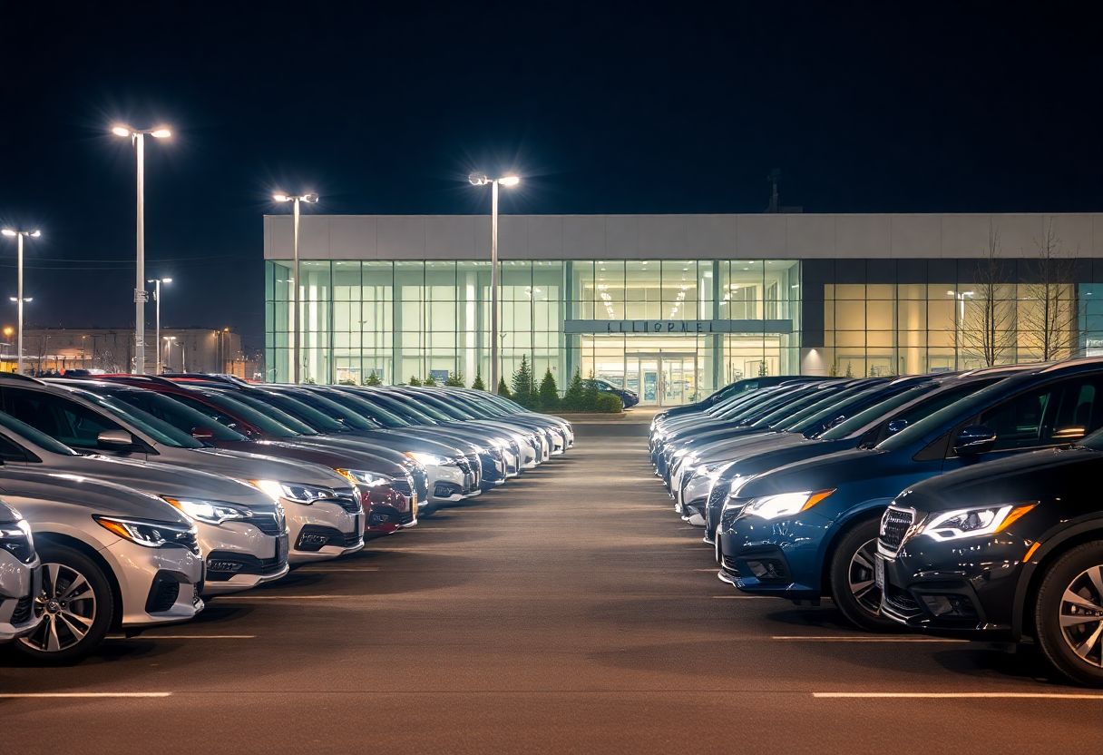 Security cameras monitoring a car dealership lot at night with rows of new vehicles