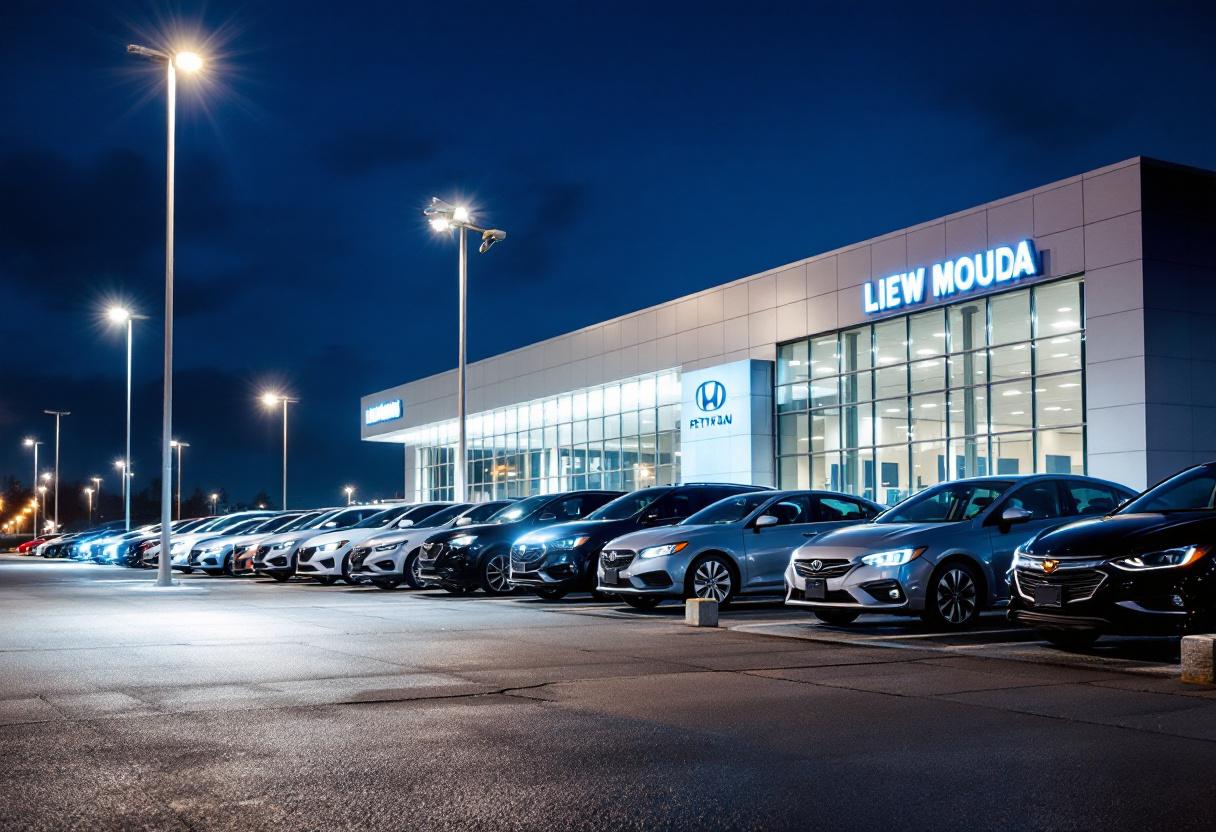 Security cameras monitoring a car dealership lot at night with rows of new vehicles