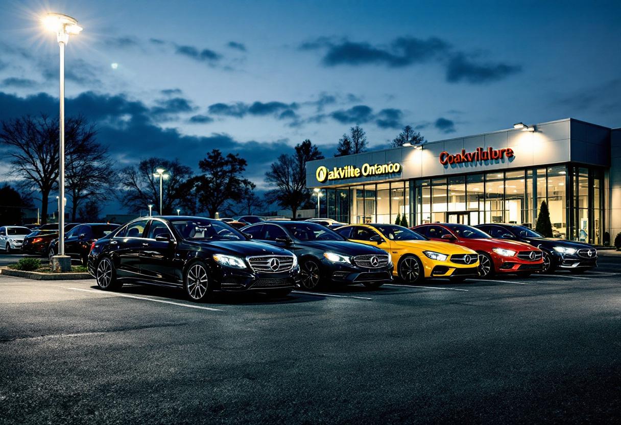 Security cameras monitoring a car dealership lot at night with rows of new vehicles