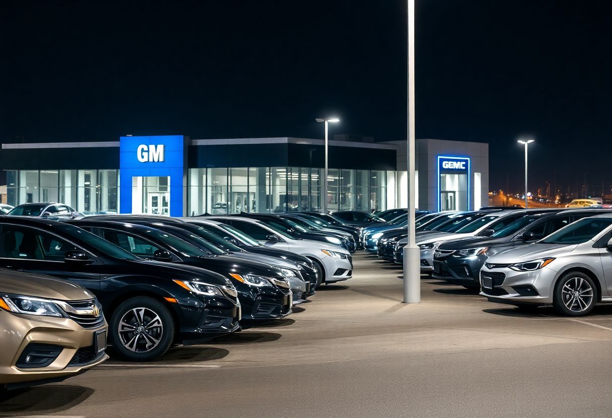 Security cameras monitoring a car dealership lot at night with rows of new vehicles
