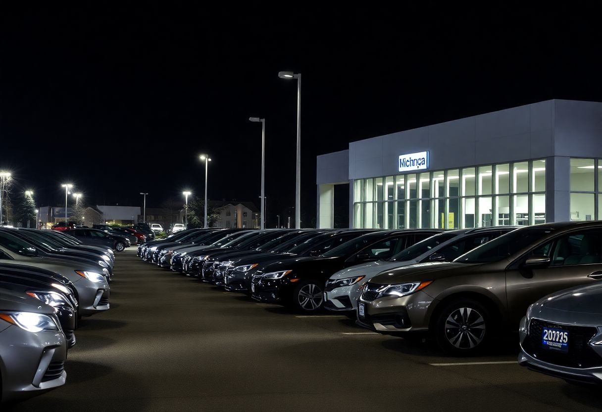 Security cameras monitoring a car dealership lot at night with rows of new vehicles