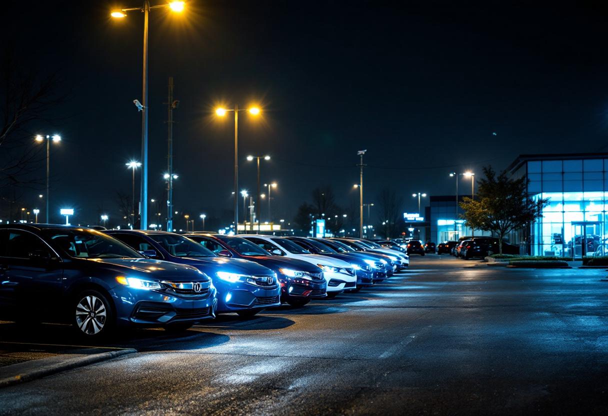 Security cameras monitoring a car dealership lot at night with rows of new vehicles