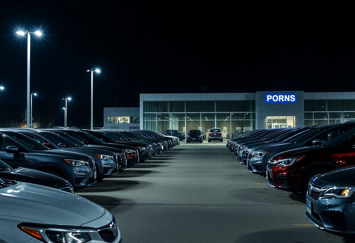 Security cameras monitoring a car dealership lot at night with rows of new vehicles