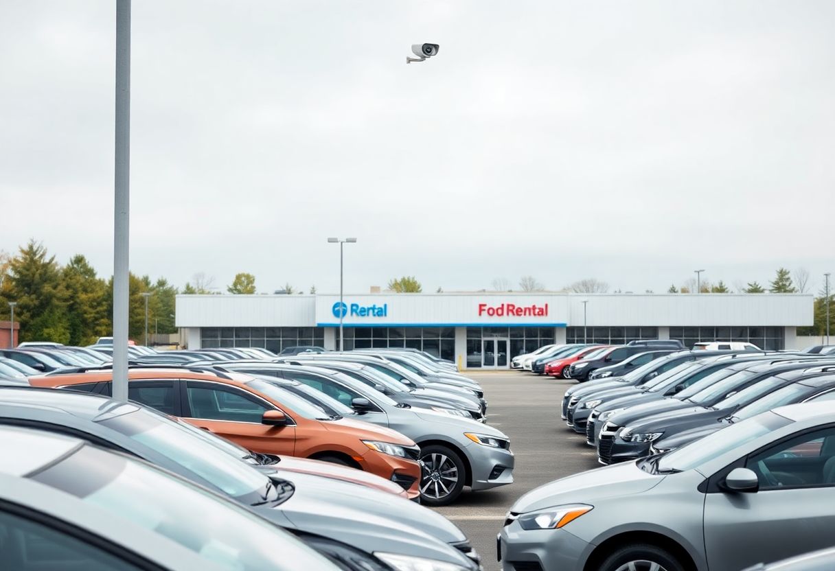 Security cameras monitoring a car rental lot with rows of rental vehicles