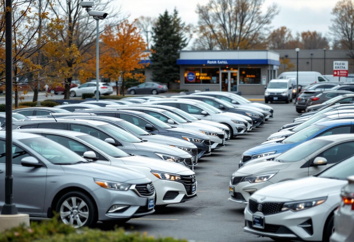 Security cameras monitoring a car rental lot with rows of rental vehicles