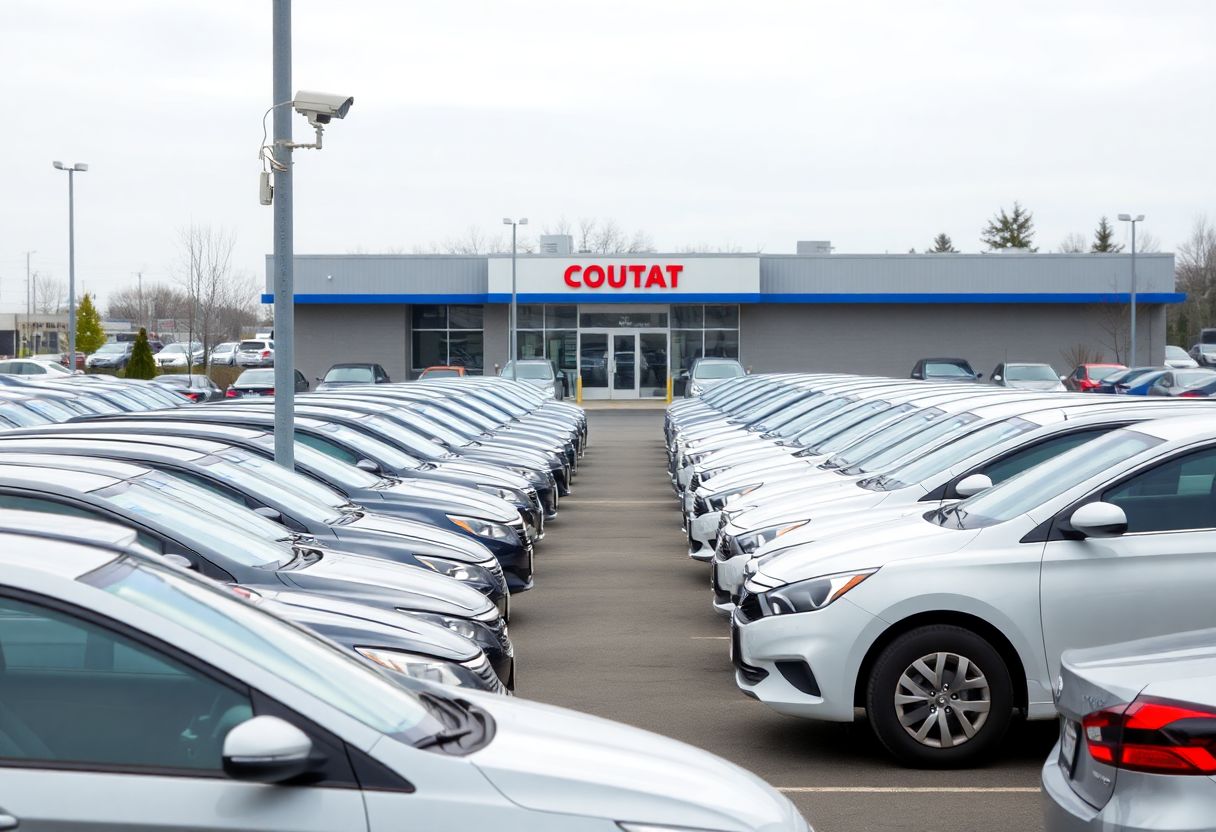 Security cameras monitoring a car rental lot with rows of rental vehicles