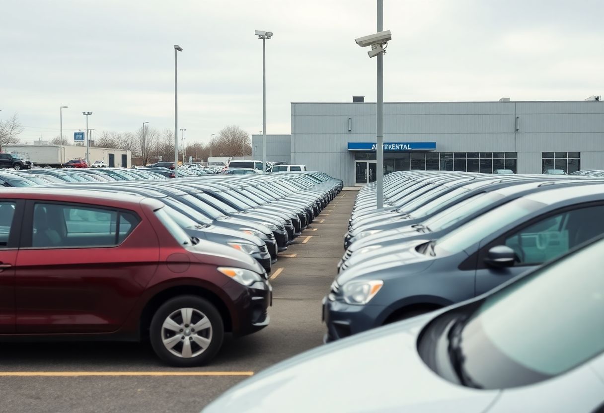 Security cameras monitoring a car rental lot with rows of rental vehicles