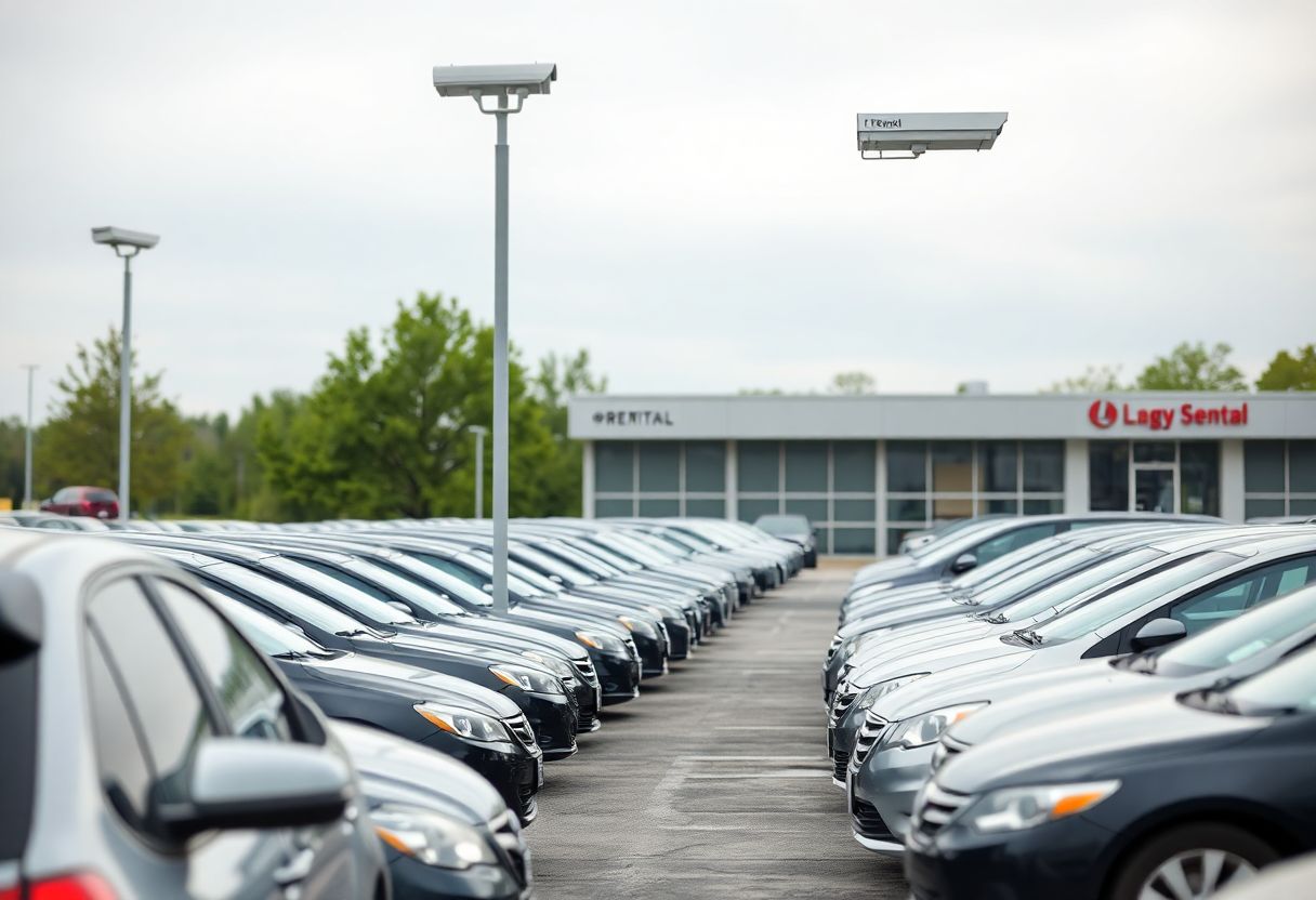 Security cameras monitoring a car rental lot with rows of rental vehicles