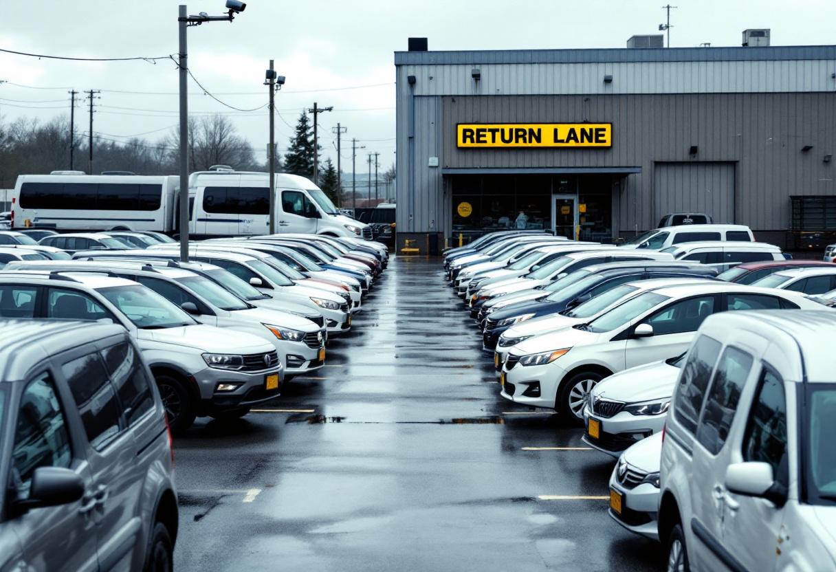 Security cameras monitoring a car rental lot with rows of rental vehicles