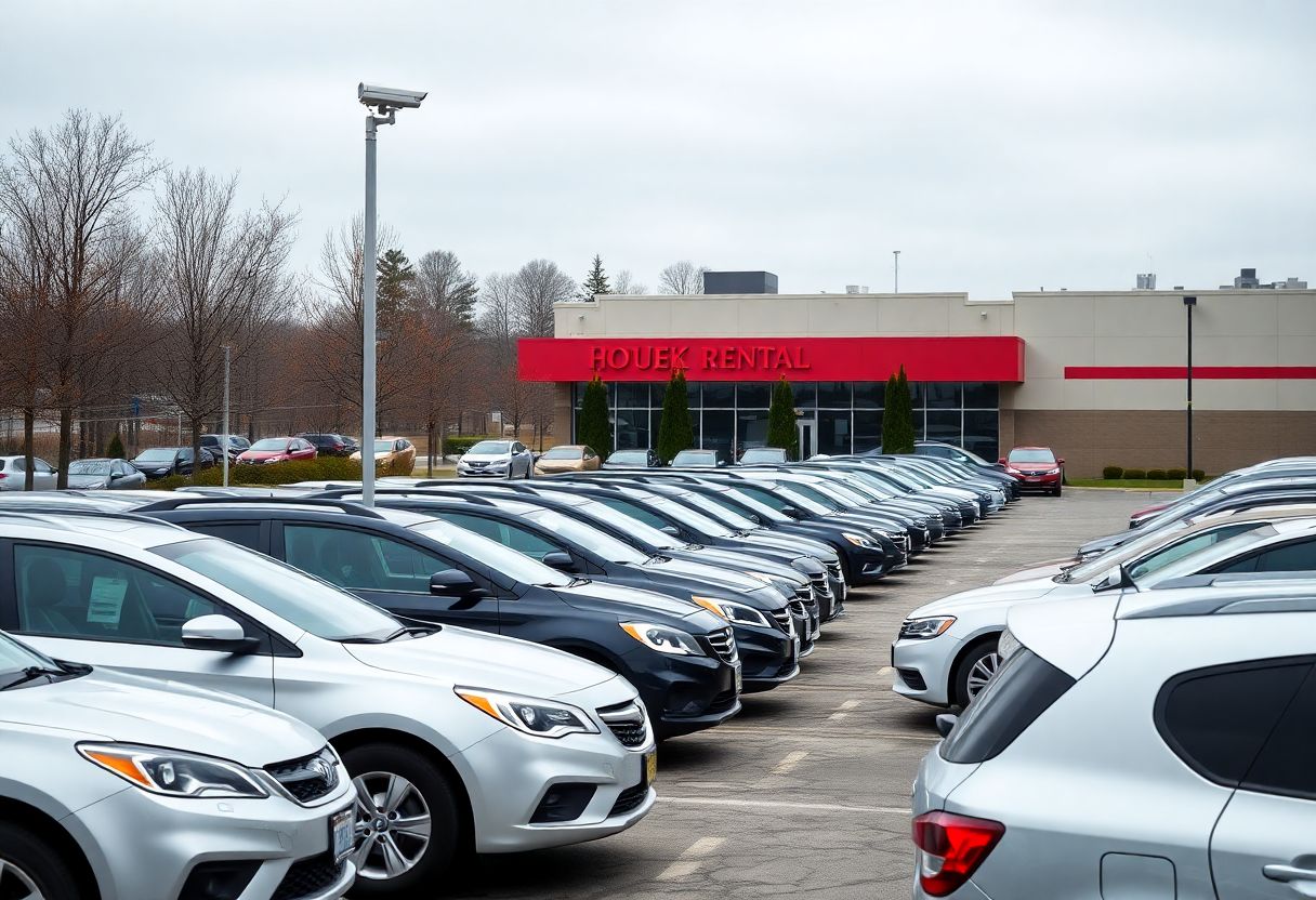 Security cameras monitoring a car rental lot with rows of rental vehicles