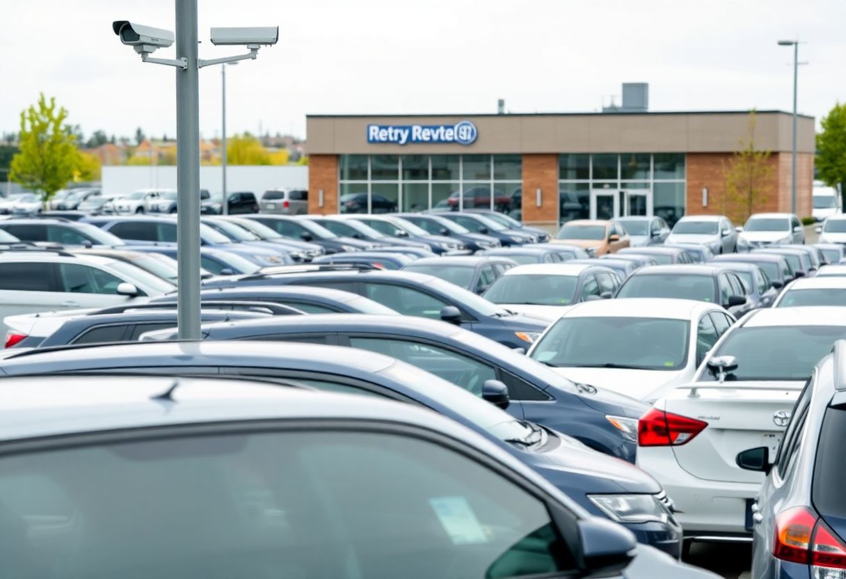 Security cameras monitoring a car rental lot with rows of rental vehicles