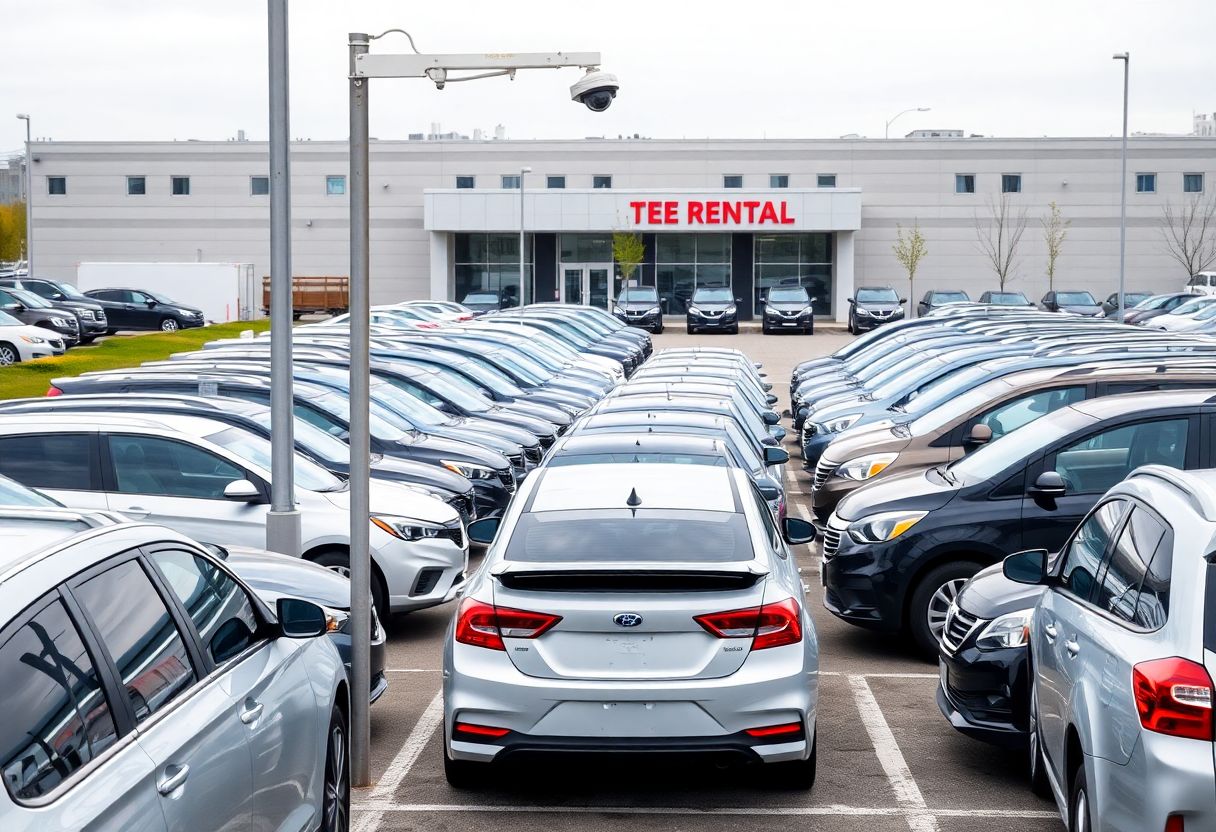 Security cameras monitoring a car rental lot with rows of rental vehicles