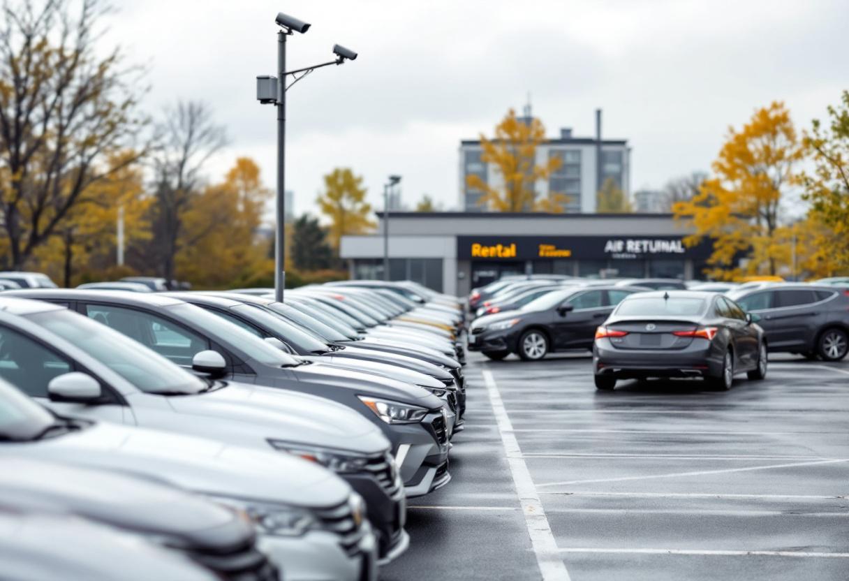 Security cameras monitoring a car rental lot with rows of rental vehicles