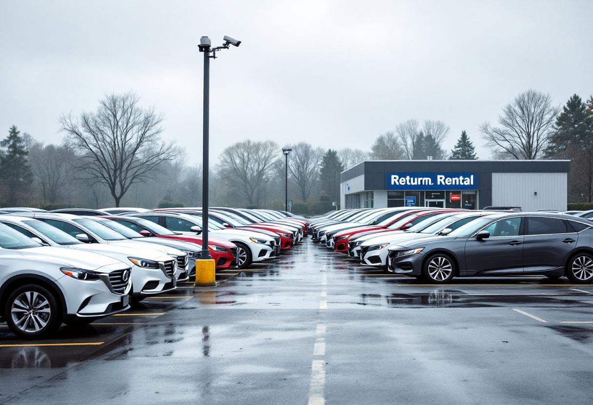 Security cameras monitoring a car rental lot with rows of rental vehicles