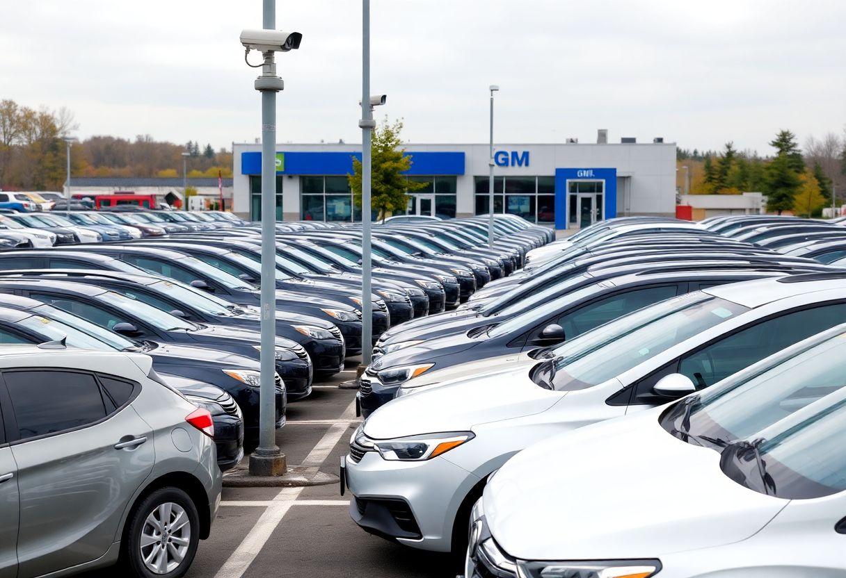 Security cameras monitoring a car rental lot with rows of rental vehicles