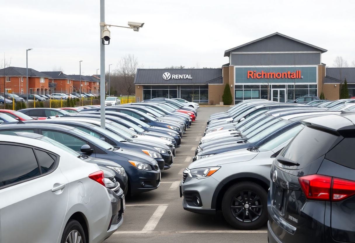 Security cameras monitoring a car rental lot with rows of rental vehicles