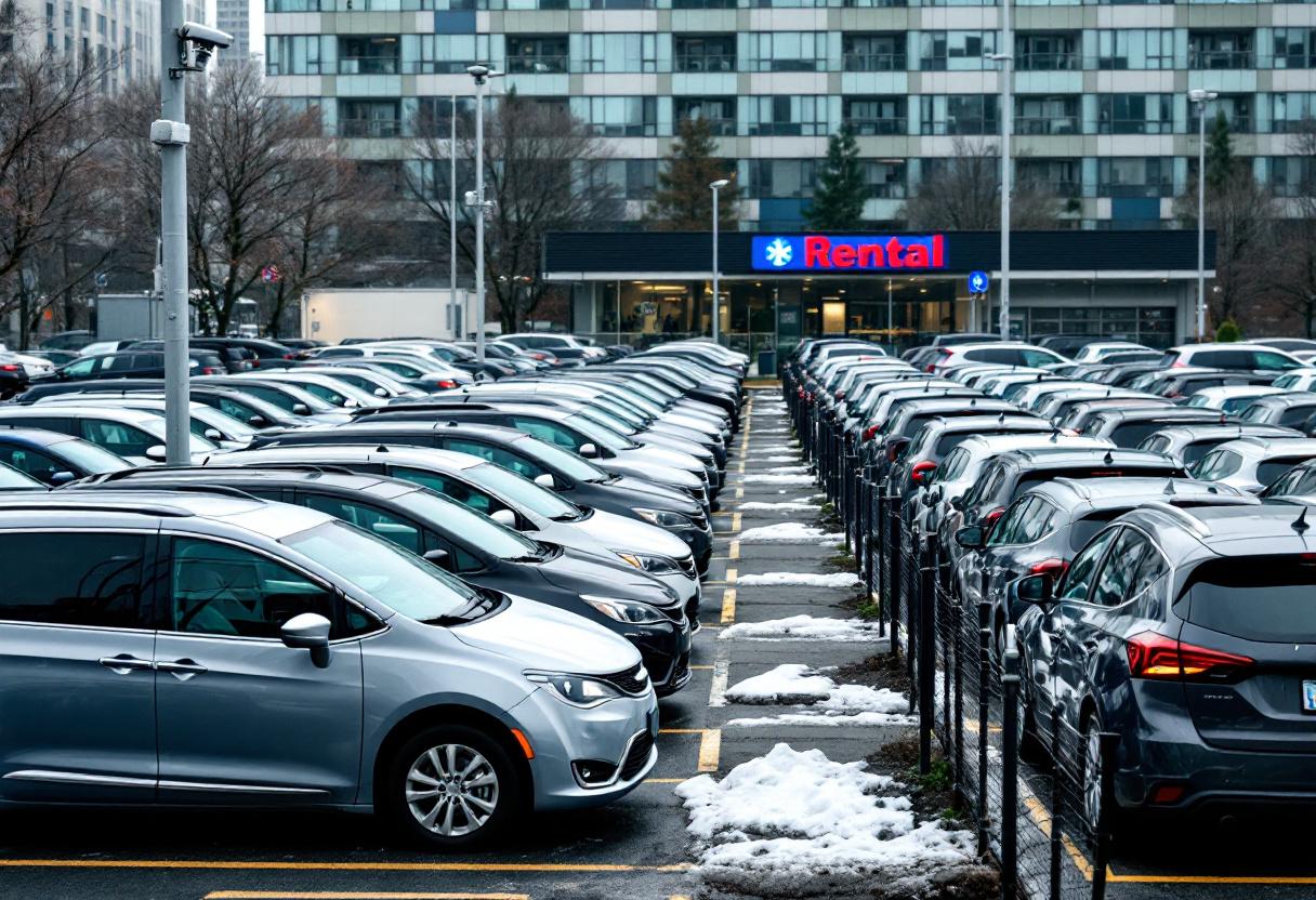 Security cameras monitoring a car rental lot with rows of rental vehicles