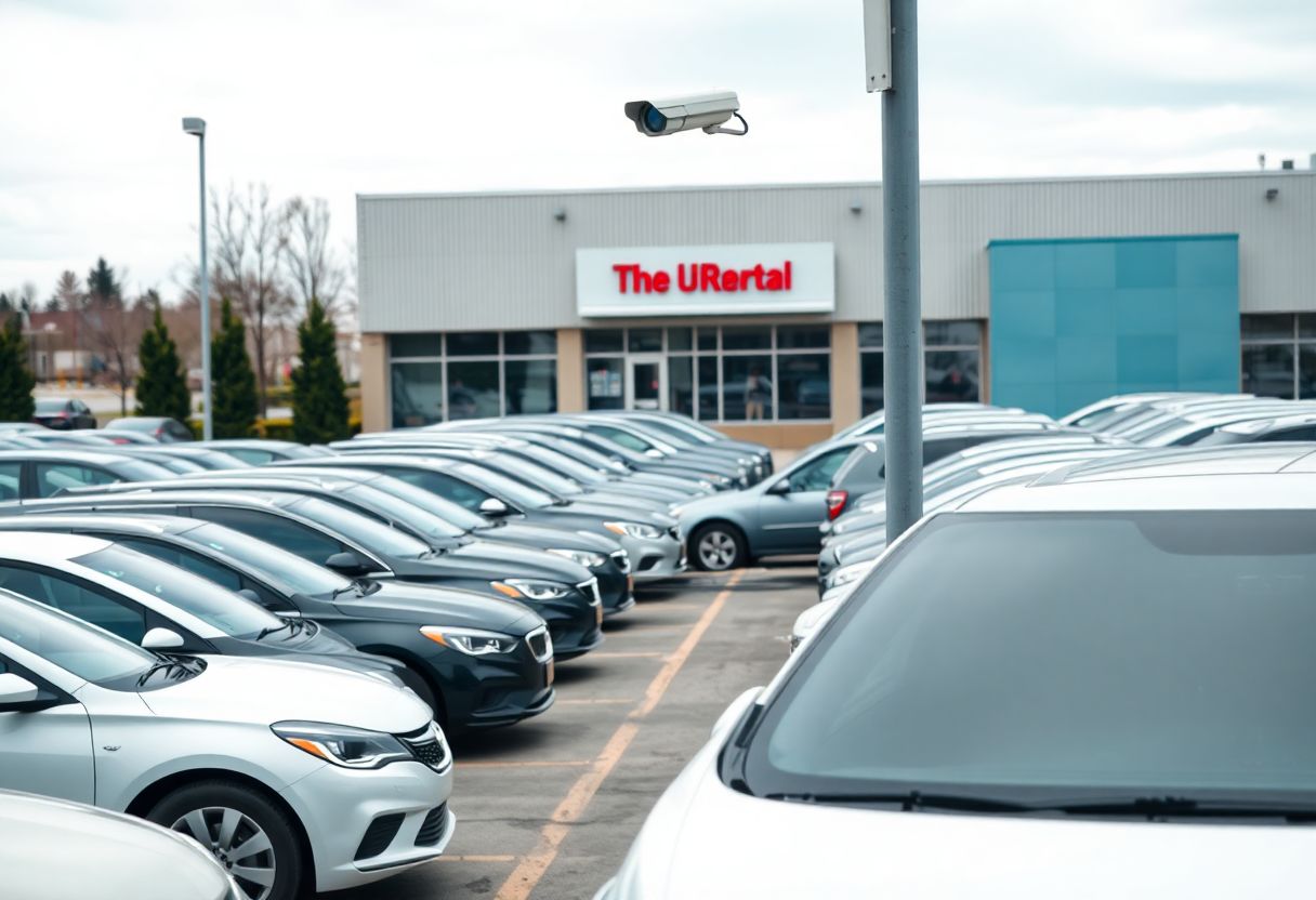 Security cameras monitoring a car rental lot with rows of rental vehicles