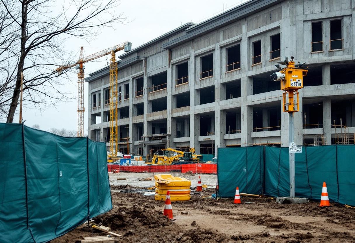 Live-monitored security cameras on a construction site at night