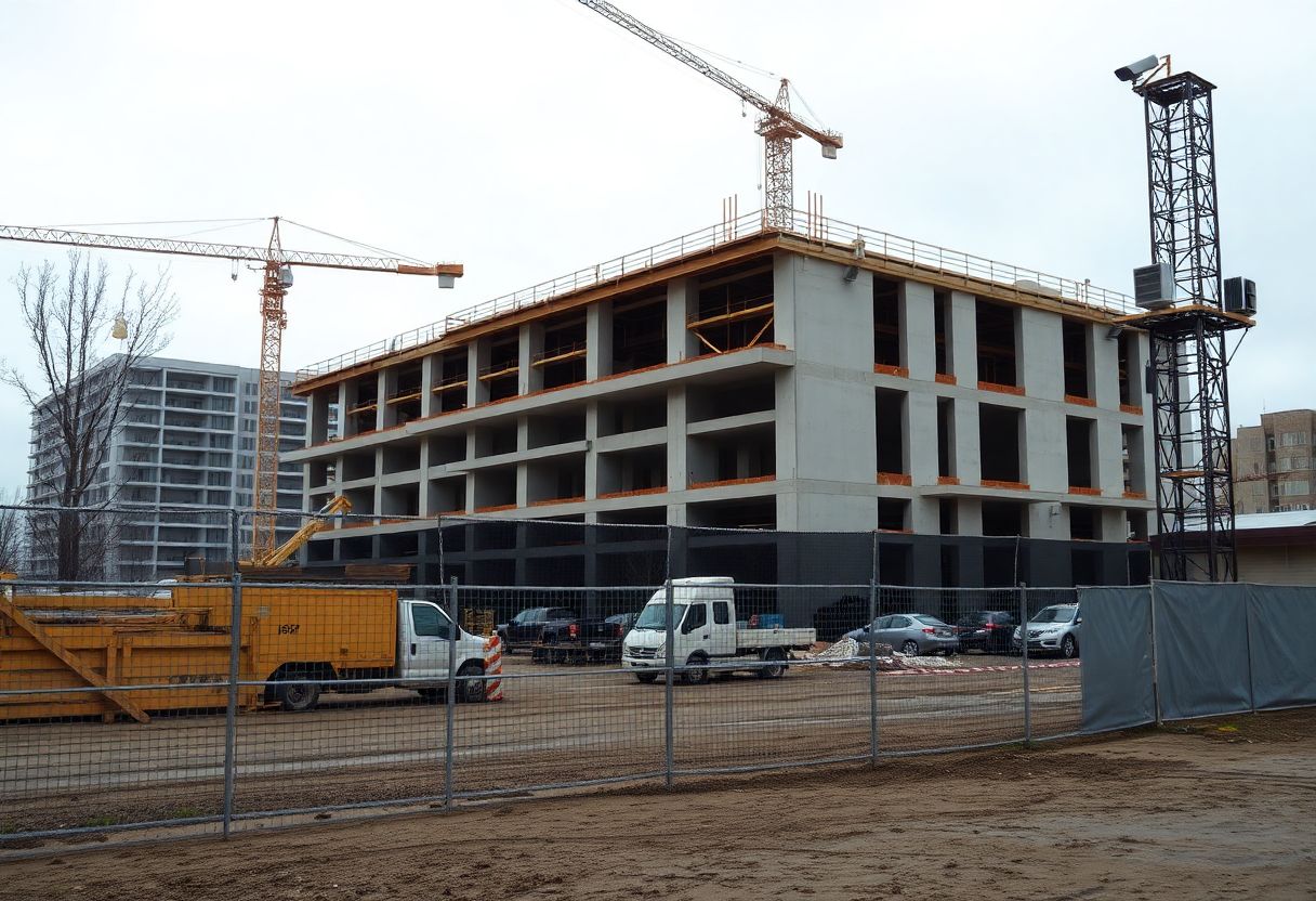 Live-monitored security cameras on a construction site at night
