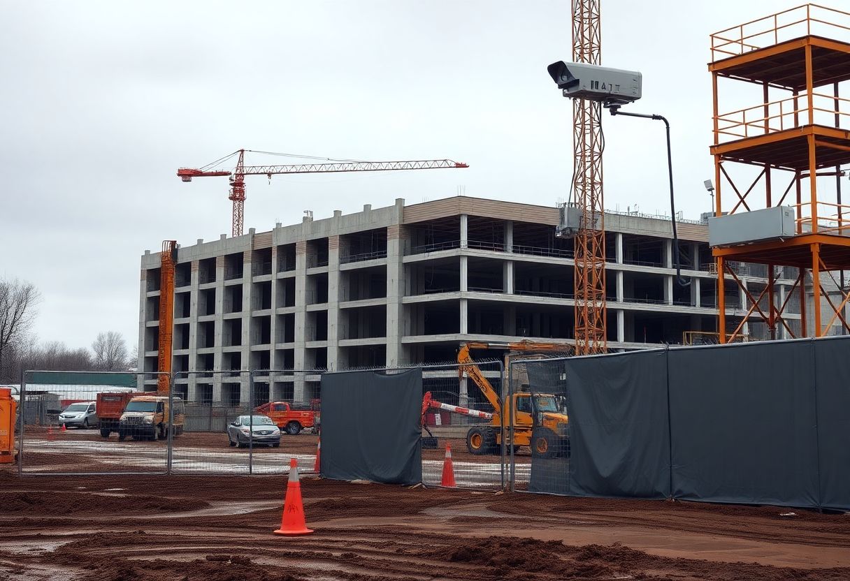 Live-monitored security cameras on a construction site at night