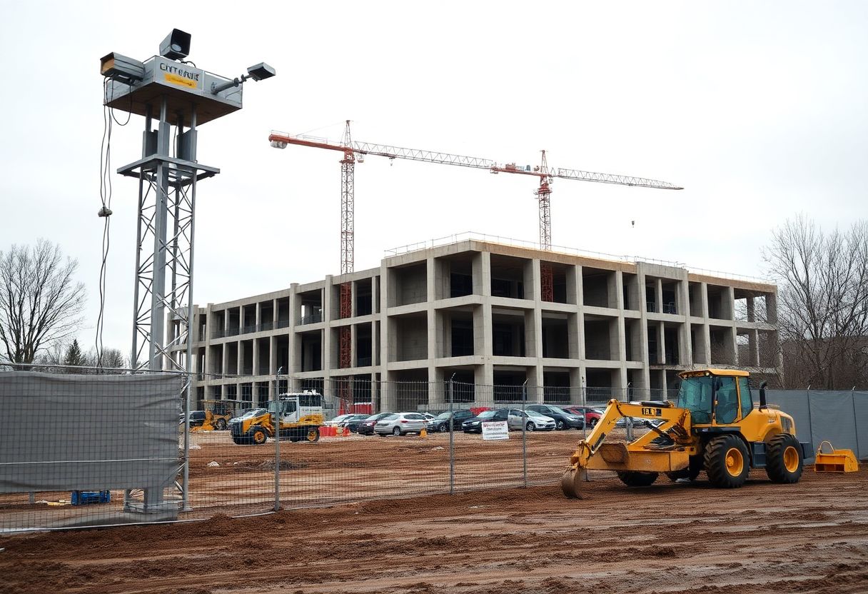 Live-monitored security cameras on a construction site at night