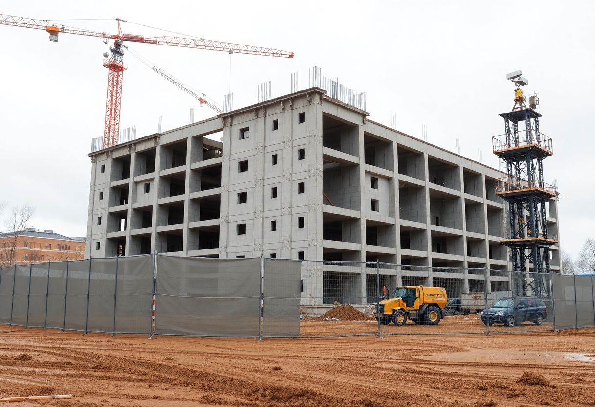 Live-monitored security cameras on a construction site at night
