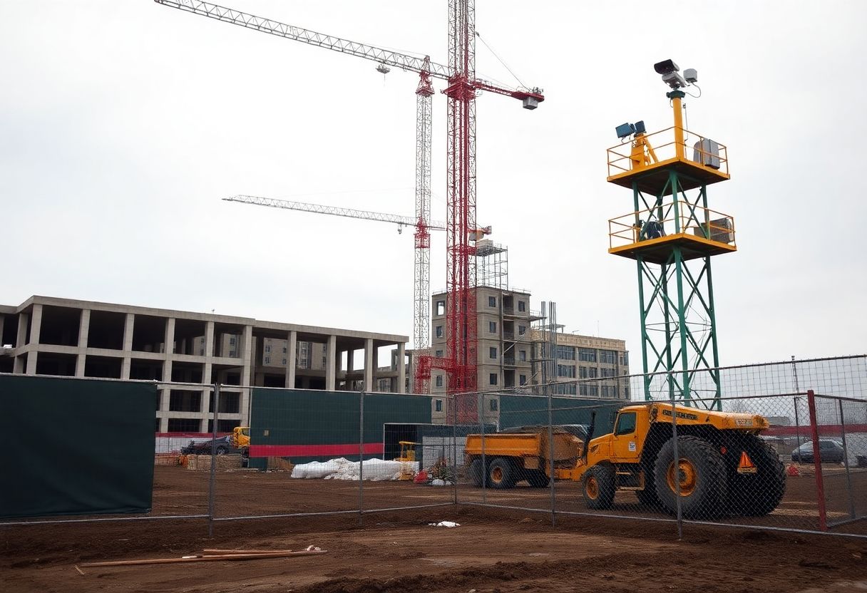 Live-monitored security cameras on a construction site at night