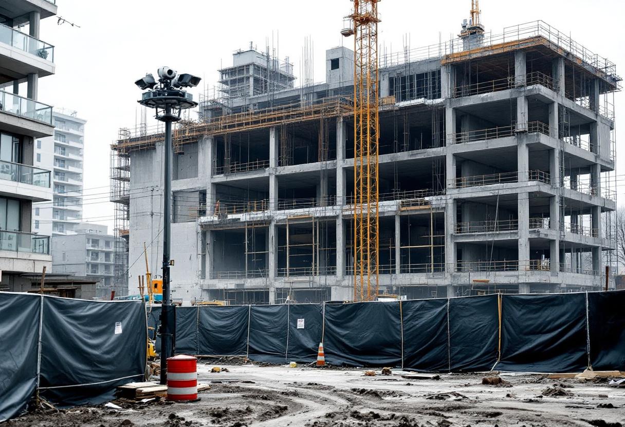 Live-monitored security cameras on a construction site at night