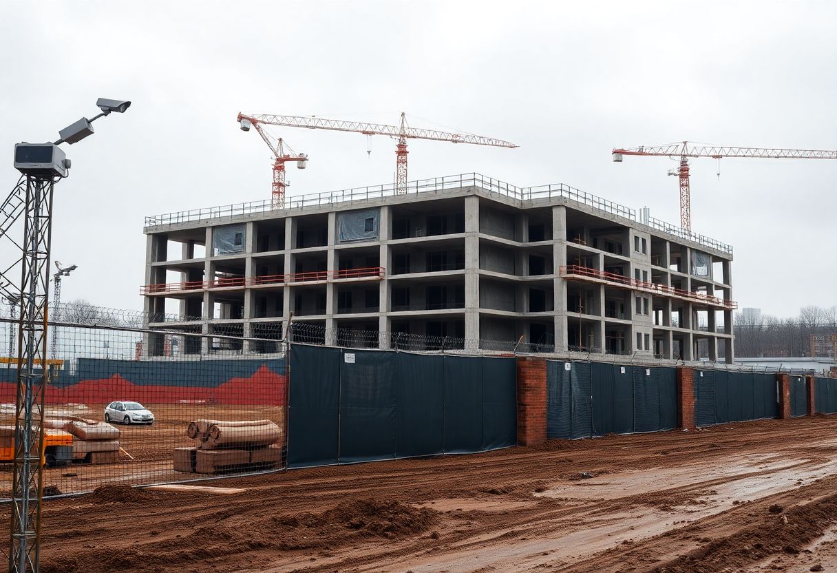 Live-monitored security cameras on a construction site at night
