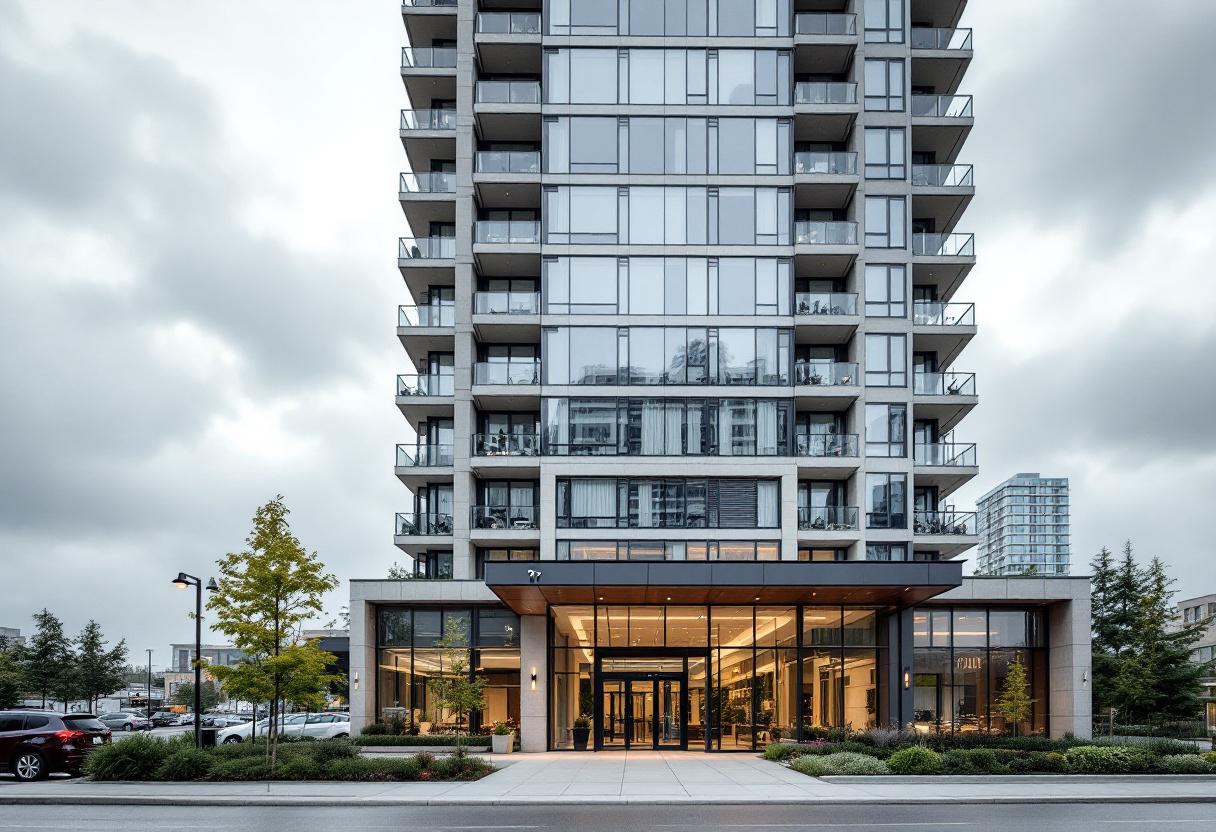 Security cameras monitoring the lobby and entrance of a high-rise condominium building