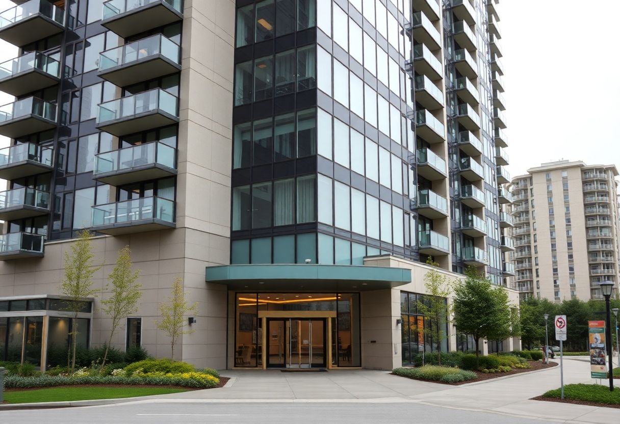 Security cameras monitoring the lobby and entrance of a high-rise condominium building