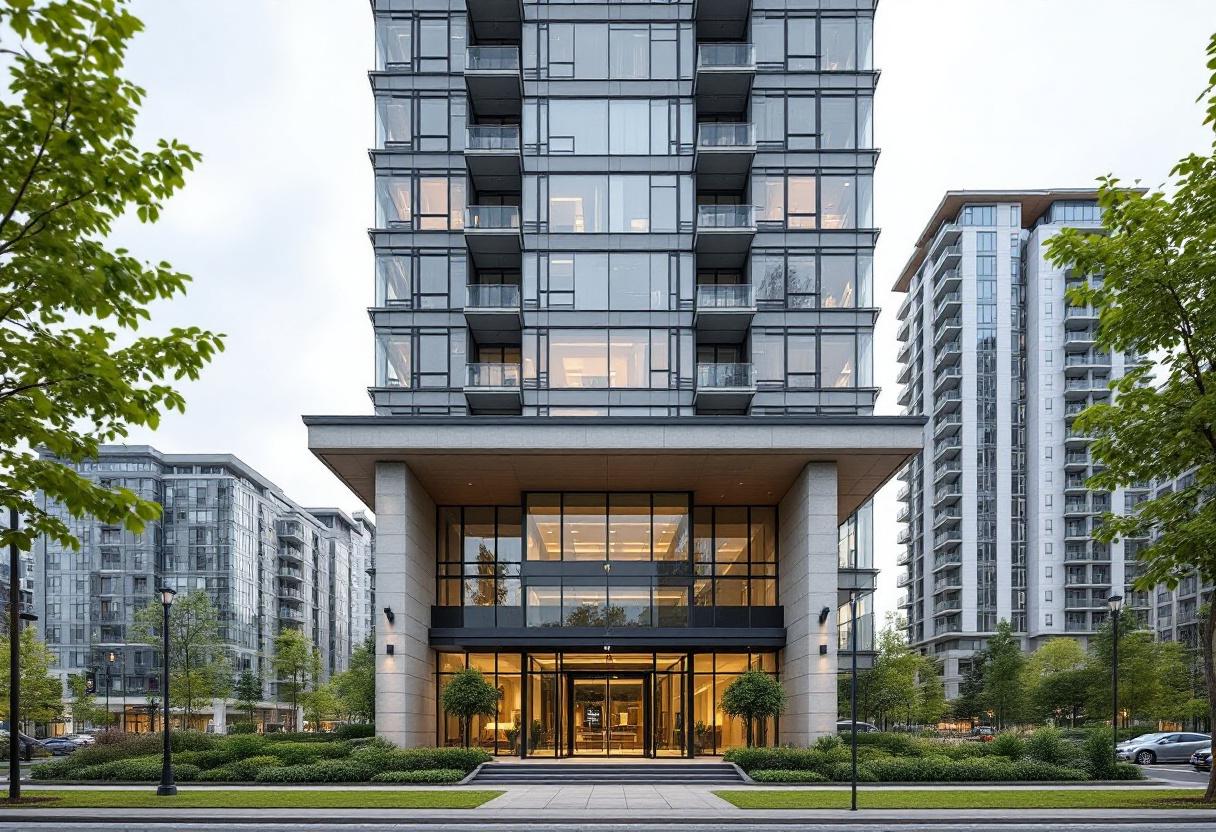 Security cameras monitoring the lobby and entrance of a high-rise condominium building