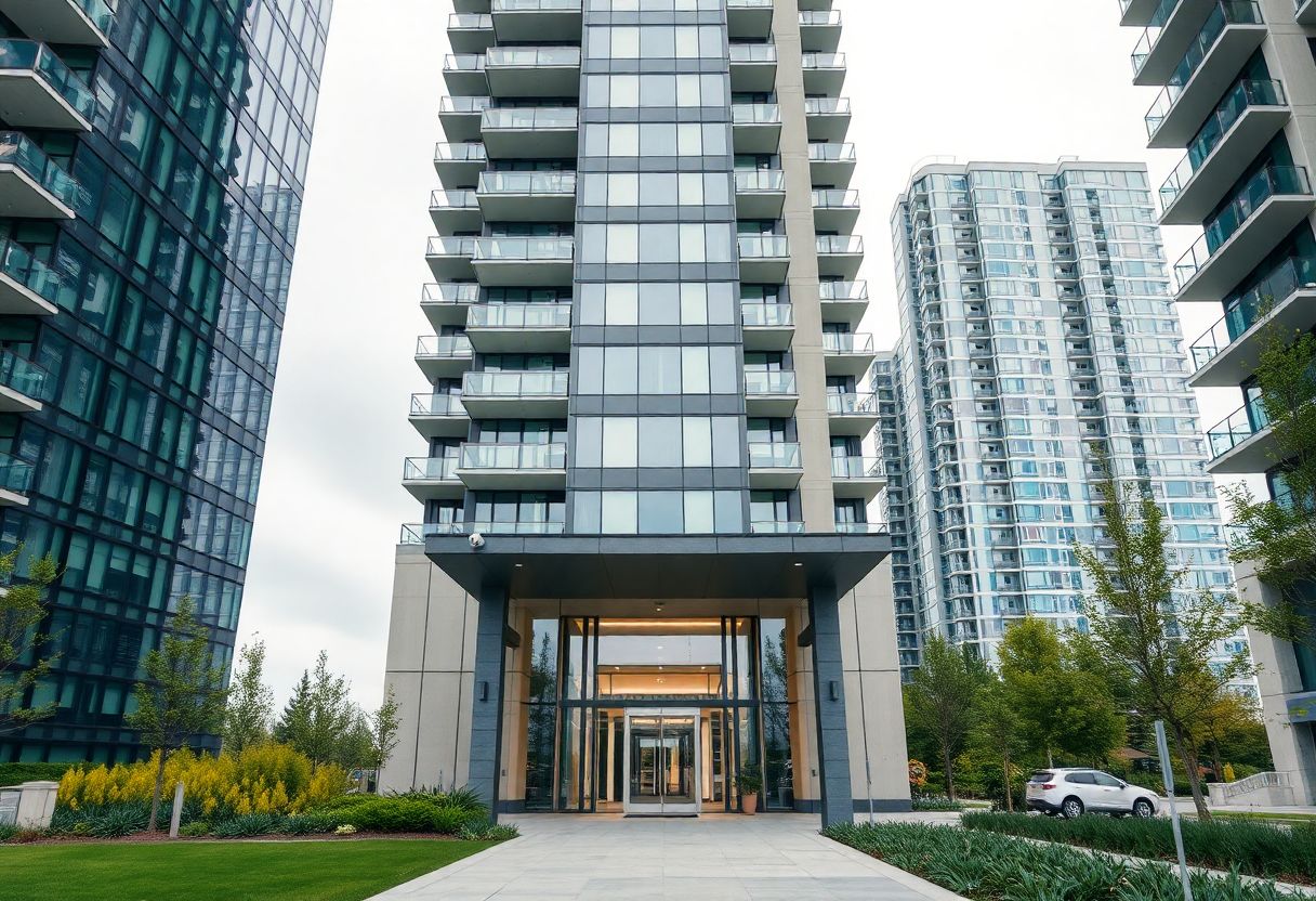 Security cameras monitoring the lobby and entrance of a high-rise condominium building